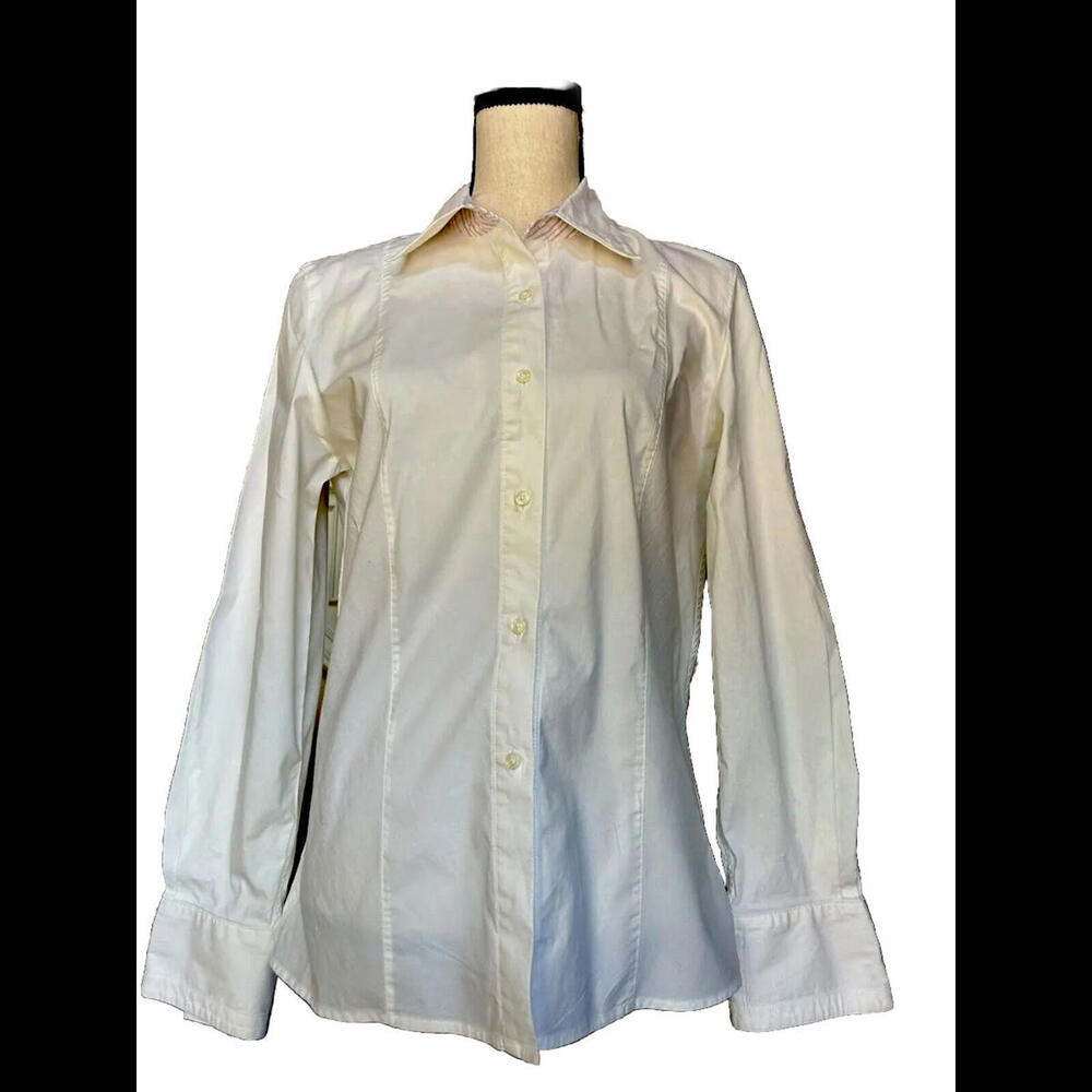 👚🐩Perry Ellis Sz 10 Ivory Stretch Button Up Long Sleeve Blouse Cotton Spandex